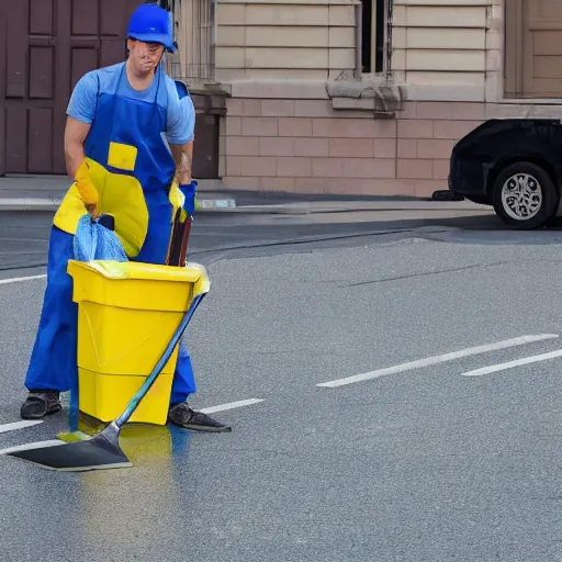 Prompt: Shark as a Janitor throwing out the trash and sweeping, painting