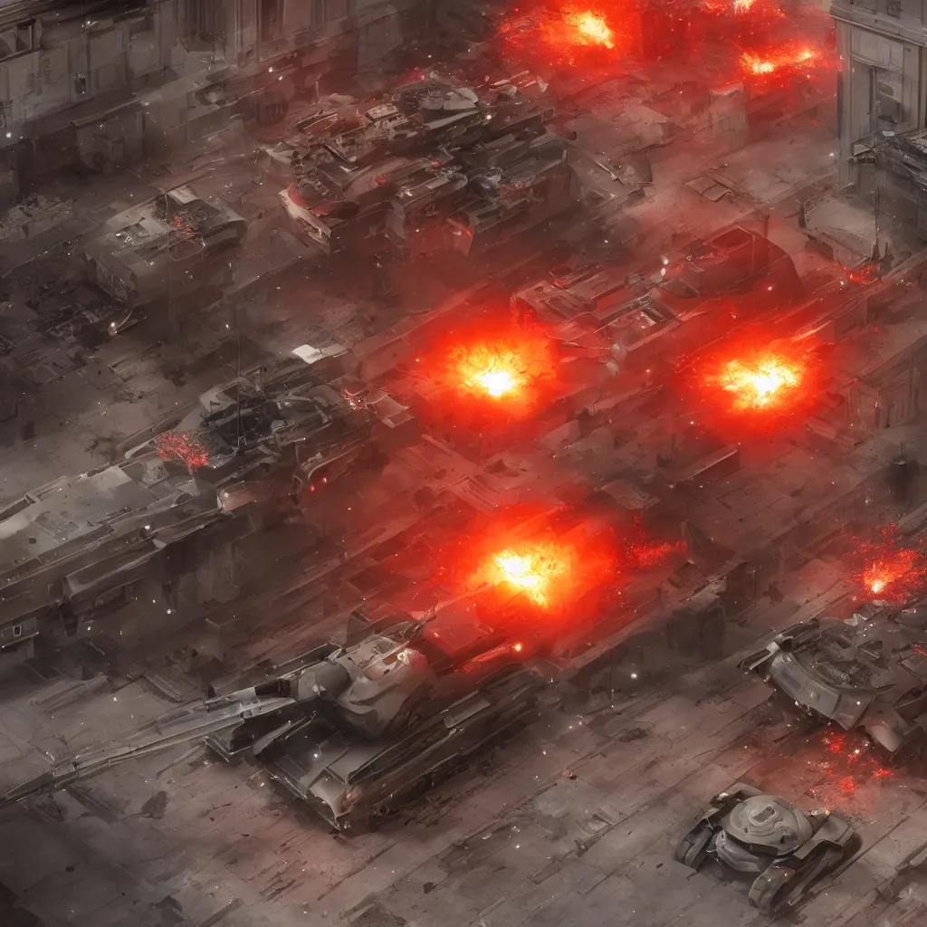 Image similar to a single futuristic tank shooting at the building, red fiery explosions, detailed, movie scene, cinematic lights, 3 d photorealistic