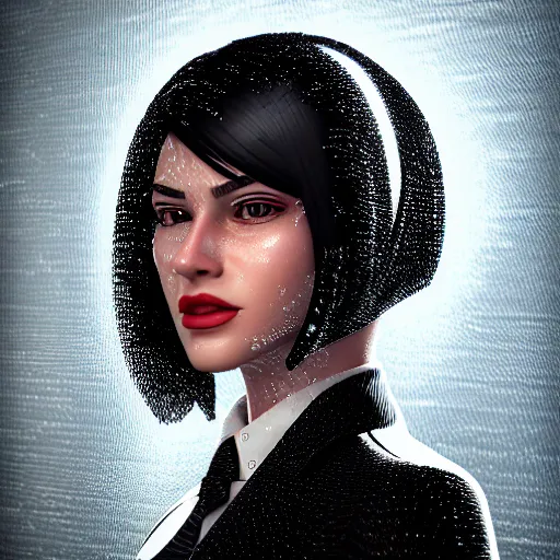 Prompt: stylish woman cartoon portrait made out of rain, pinstripe suit, cyberpunk background, rendered in octane, unreal engine, highly detailed, trending on artstation, realistic, neon, beautiful