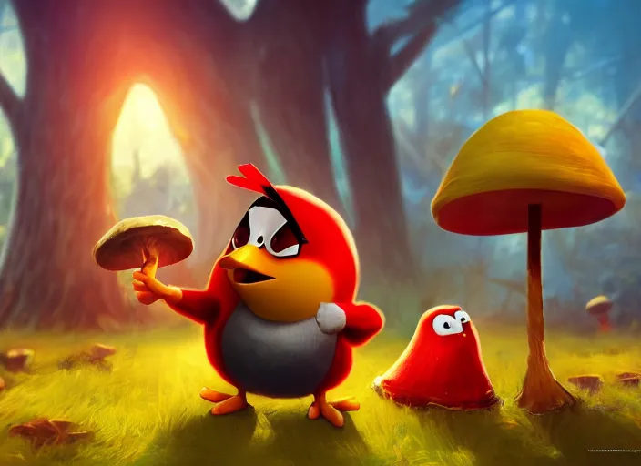 Prompt: angry bird sitting next to a mushroom, golden hour, fantasy, sharp focus, digital art, hyper realistic, 4 k, unreal engine, highly detailed, hd, dramatic lighting by brom, trending on artstation