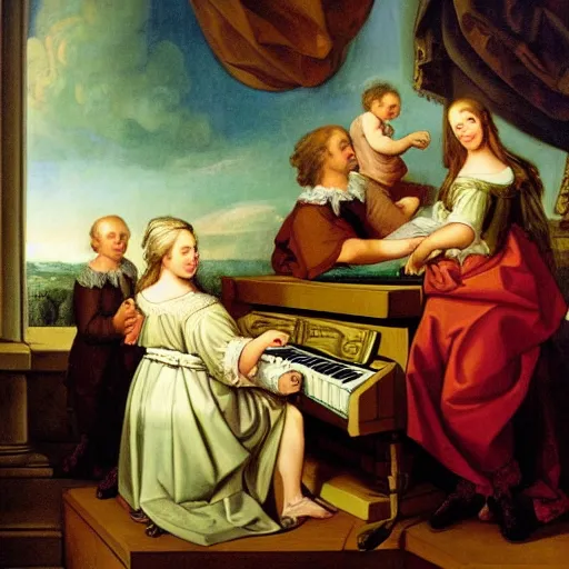 Image similar to baroque painting of johann sebastian bach playing the piano with his family in heaven