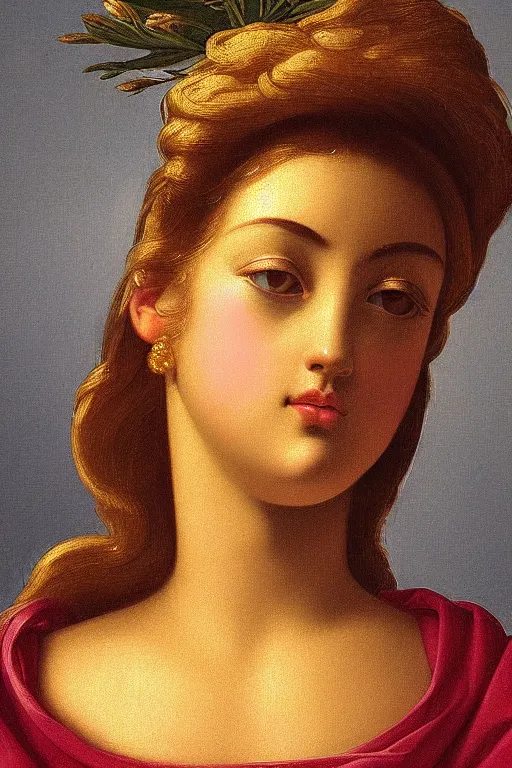 Image similar to Beautiful girl, calm face, closeup, ultra detailed, made in gold, Guido Reni style