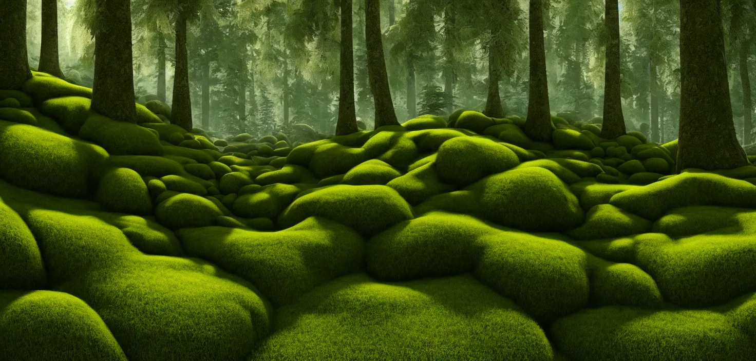 Prompt: random forest landscape, moss, incredible, vector art, octane render, fabulous, hyper detailed, random cinematic view, no noise, global illumination, warm lighting, volumetric, godrays, vivid, beautiful, by brian miller