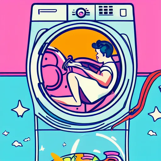 Prompt: Astronaut stuck in a giant washing machine that is washing pink clothes. 8k resolution. Art deco. Pop art.