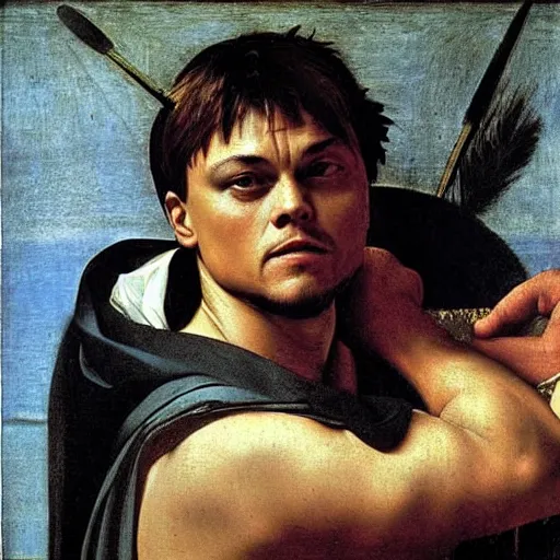 Prompt: Leonardo Di Caprio as a Gladiator Caravaggio painting