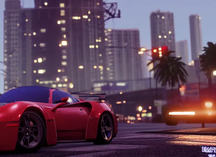 Image similar to still next - gen ps 5 game grand theft auto 6 2 0 2 4 remaster, graphics mods, rain, red sunset, people, rtx reflections, gta vi, miami, palms and miami buildings, photorealistic screenshot, unreal engine, 4 k, 5 0 mm bokeh, close - up concept sport car!, gta vice city remastered, artstation