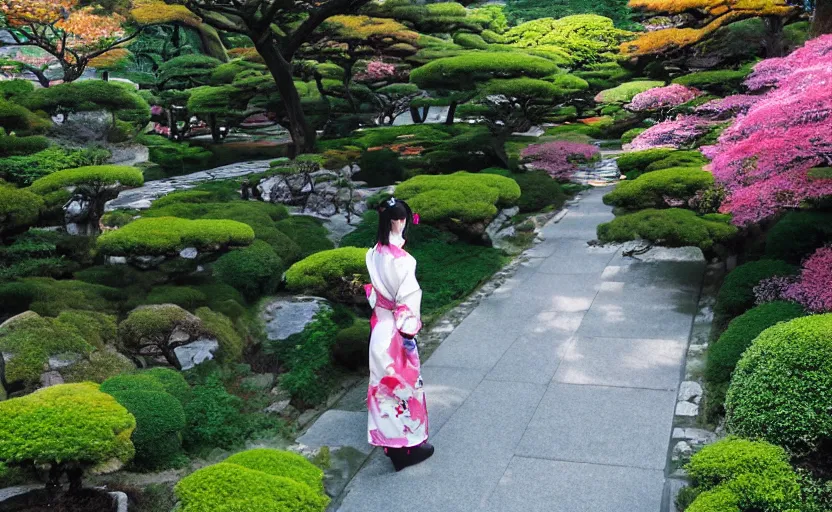 Prompt: A lonely anime girl in a kimono, walking through a traditional Japanese garden, anime scenery by Makoto Shinkai