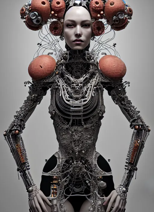 Image similar to portrait of an absurdly beautiful, graceful, sophisticated, fashionable cyberpunk mechanoid, hyperdetailed illustration by irakli nadar and alexandre ferra, intricate linework, white porcelain skin, faberge, coral headdress, unreal engine 5 highly rendered, global illumination, radiant light, detailed and intricate environment