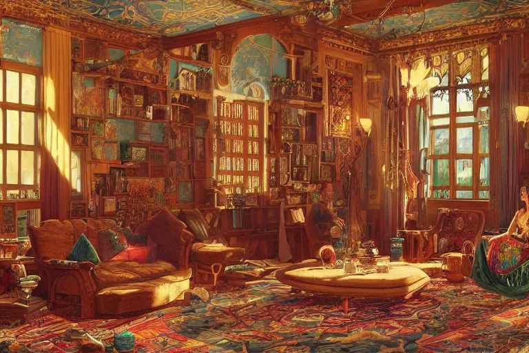 Prompt: a bohemian parlor with sunbeams streaming in from tall windows, by Donato Giancola and Ludwig Deutsch and Evelyn De Morgan, floral embroidery, carved wood, oriental carpets,rich deep color, dramatic cinematic lighting, featured on Artstation, cgsociety, unreal engine