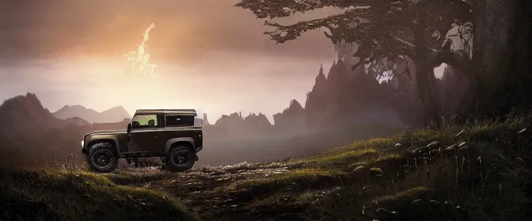 Image similar to Land Rover Defender 110 (1985), an epic fantasy, dramatic lighting, cinematic, establishing shot, extremely high detail, photorealistic, cinematic lighting, artstation, by simon stalenhag, The Elder Scrolls V: Skyrim, The Reach, Markarth, Karthwasten