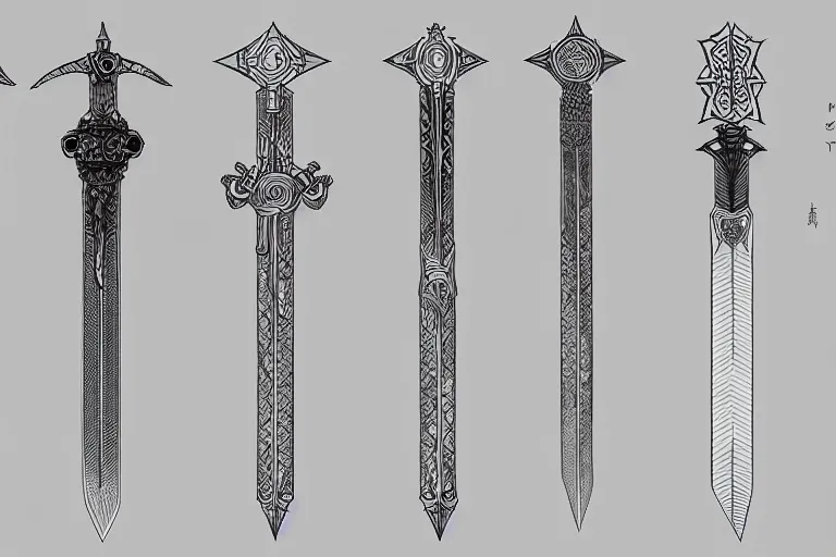 Prompt: design sheet of various magic swords, intricate linework, swords, blades, weapon designs, clean lines