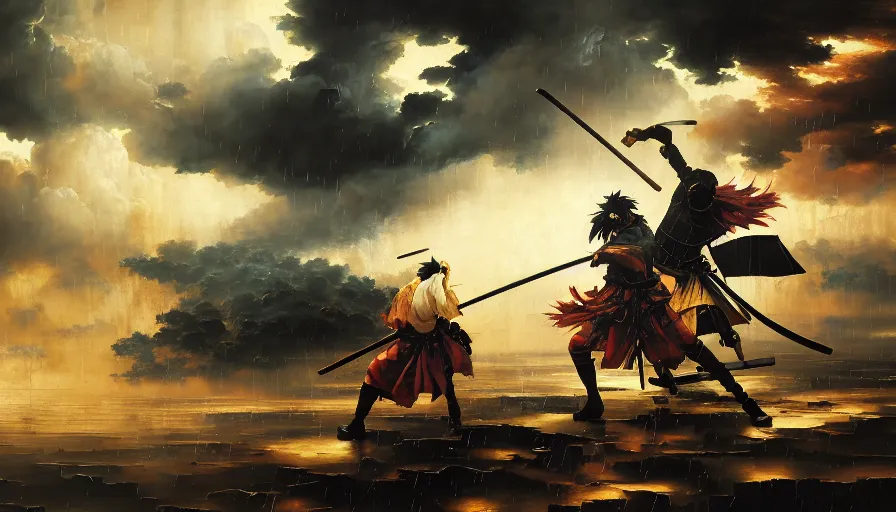 Prompt: baroque oil painting of key visual large epic samurai battle, rain, brutalist fantasy, rule of thirds golden ratio, fake detail, trending pixiv fanbox, acrylic palette knife, style of makoto shinkai takashi takeuchi yoshiyuki sadamoto greg rutkowski chiho aoshima