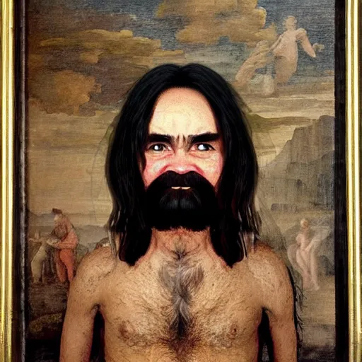 Image similar to charles manson in the style of a renaissance painting