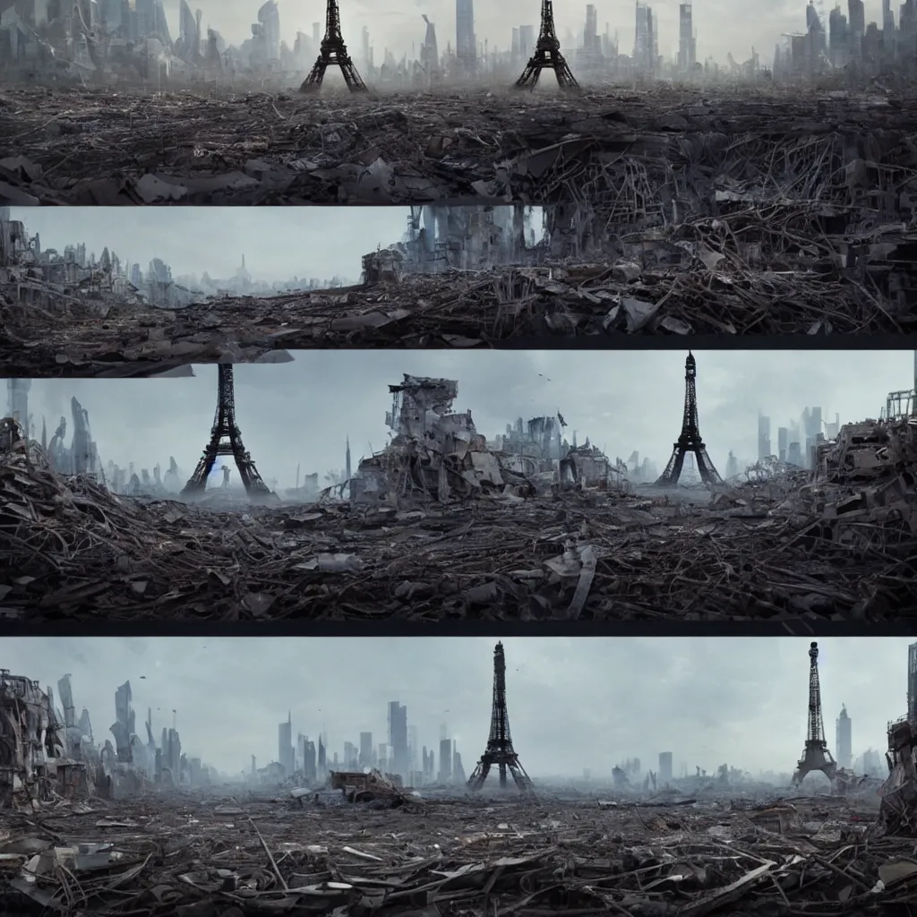 Image similar to A beautiful intricate 8K award-winning cinematic movie photograph of the future Eiffel Tower, destroyed and decaying, hidden by billboards. in the year 2043, by Bruno Delbonnel and greg rutkowski. Arri Alexa 65, IMAX 70mm footage