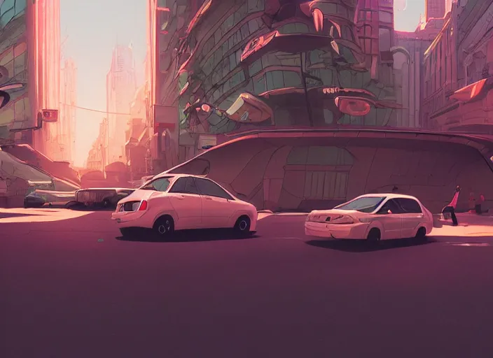 Prompt: a sedan car in a city. sharp focus, cinematic pose, cinematic lighting, unreal engine render. art by josan gonzales and moebius and deathburger.