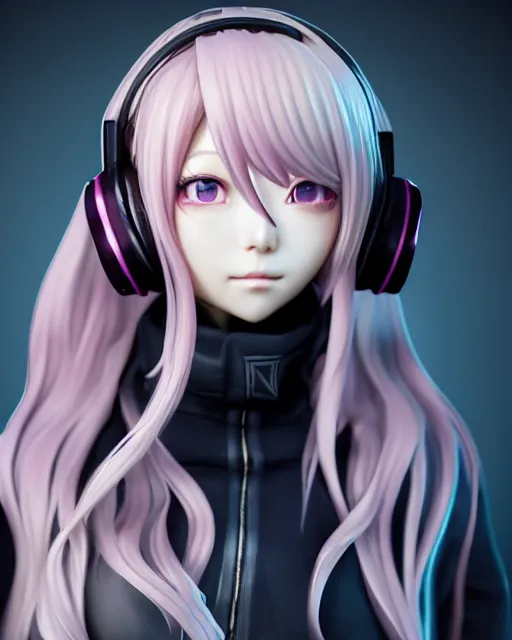 Prompt: beautiful portrait of a woman with pastel long hair with her eyes closed with headphones on in the style of a code vein character, dahyun from twice in code vein in the style of WLOP, artgerm, yasutomo oka, rendered in unreal engine and redshift octane , dynamic dramatic lighting, soft lighting, imagine fx, artstation, cgsociety, by Bandai Namco artist, background i surrounded by neon glitch effect