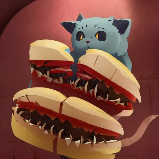 Image similar to deeply feared and terrified cat running away from the giant carnivorous sandwich, artstation hq, dark phantasy, stylized, symmetry, modeled lighting, detailed, expressive, true unsimulated emotions, created by hayao miyazaki