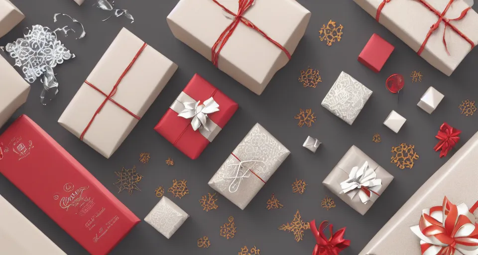 Prompt: a detailed simple single gift 3 d product render, chique, victorian ornaments, warm colors, professional, wrapped box of wine, close up, abstract, commercial product photography, dramatic lighting, octane render, 3 d render, digital art, based on birthday gifts, corporate commercial, trending on dribbble