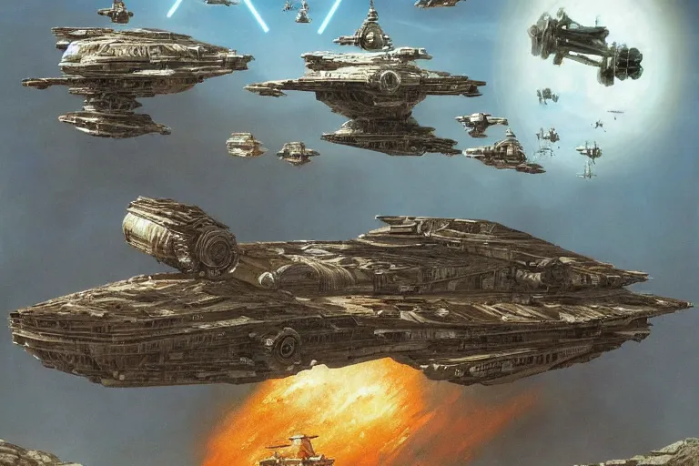 Prompt: star wars art, hyper realistic, fantasy art, in the style of chris foss and alan lee, intricate, hyper detailed, smooth