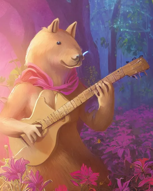 Prompt: Capybara playing Guitar in magical forest, portrait, magical notes, flowers, flower dress, fairy atmosphere, magic the gathering artwork, D&D, fantasy, cinematic lighting, centered, symmetrical, highly detailed, digital painting, artstation, concept art, smooth, sharp focus, illustration, volumetric lighting, epic Composition, 8k, art by Akihiko Yoshida and Greg Rutkowski and Craig Mullins, oil painting, cgsociety