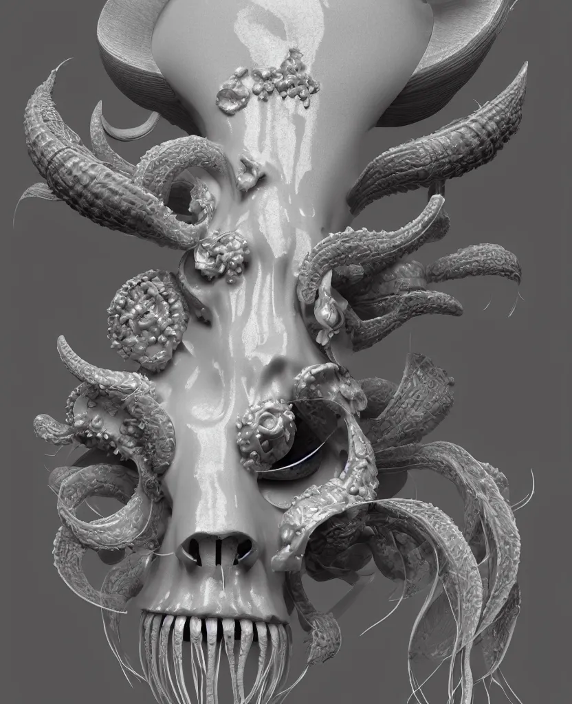 Image similar to goddess princess face close-up portrait ram skull. hard surface modelling zbrush and octane render. jellyfish phoenix head, nautilus, orchid, skull, betta fish, bioluminiscent creatures, intricate artwork by Tooth Wu and wlop and beeple. octane render, trending on artstation, greg rutkowski very coherent symmetrical artwork. cinematic, hyper realism, high detail, octane render, 8k