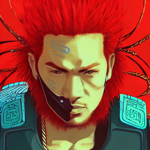 Prompt: portrait painting of a maori street samurai with spiky red hair, cyberpunk, glitchwave, sharp focus, award - winning, trending on artstation, masterpiece, art by josan gonzales and moebius