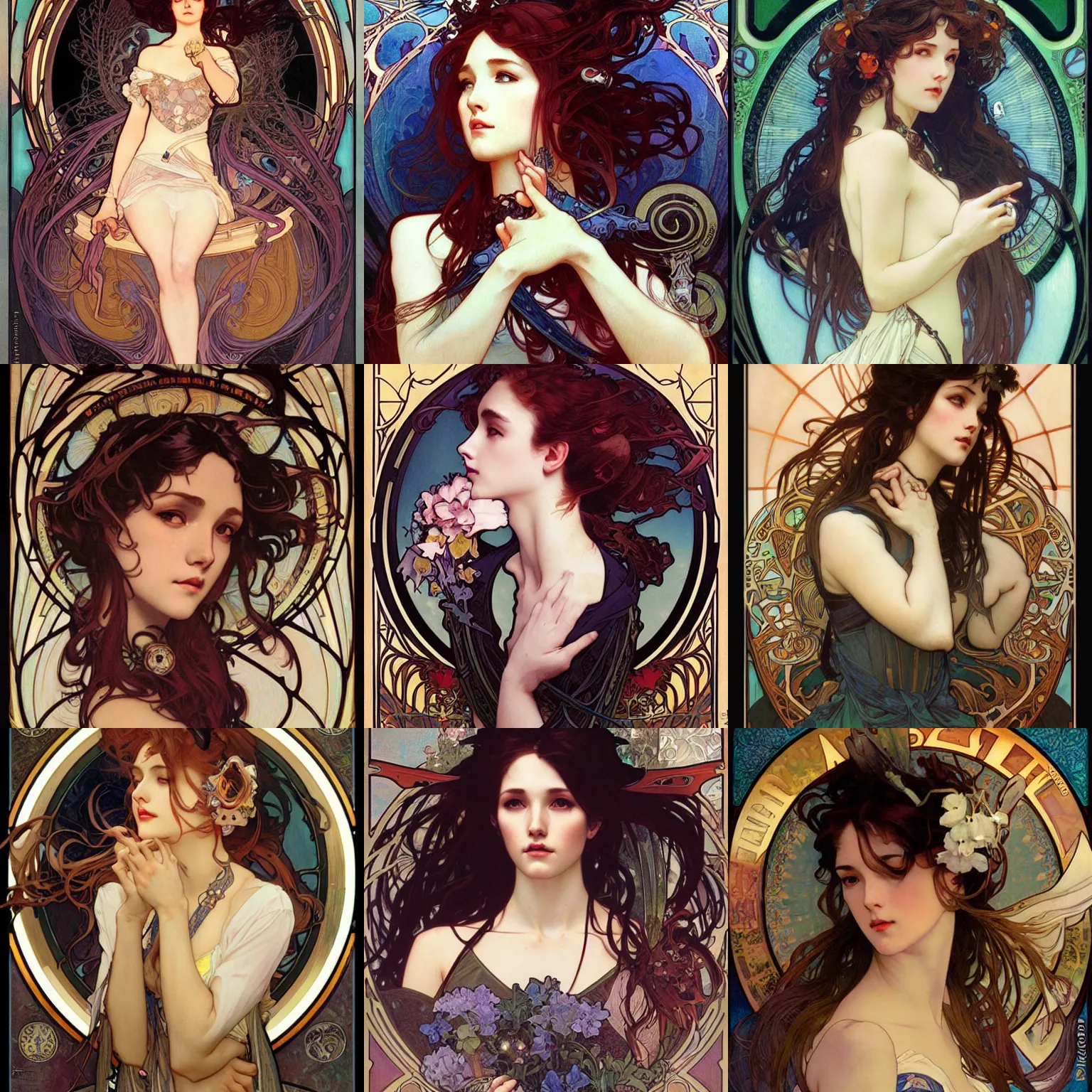 Prompt: beautiful portrait of D.va by Alphonse Mucha, Ayami Kojima, Amano, Charlie Bowater, Karol Bak, Greg Hildebrandt, Jean Delville, and Mark Brooks, Art Nouveau, Neo-Gothic, gothic, rich deep moody colors