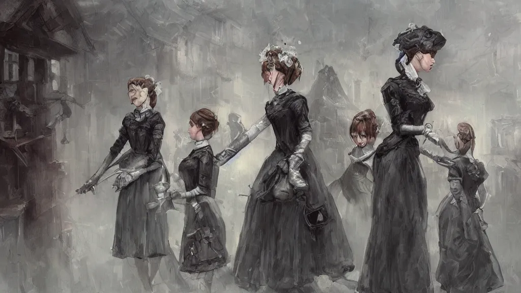 Image similar to thousands of clones of a Victorian maid, dystopia, fantasy, trending on art station, oil painting, concept art