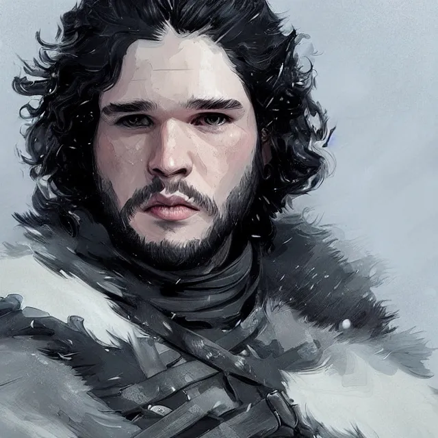 Image similar to jon snow from game of thrones, portrait, elegant, intricate, digital painting, artstation, concept art, smooth, sharp focus, illustration, art by konstantin korovin and daniel f. gerhartz and john howe