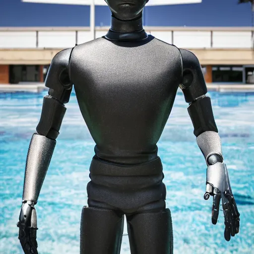 Image similar to a realistic detailed photo of a guy who is an attractive humanoid who is half robot and half humanoid, who is a male android, soccer player martin ødegaard, shiny skin, posing like a statue, blank stare, by the pool, on display, showing off his muscles, humanoid robot, frozen ice statue