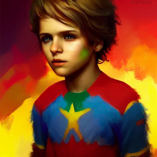 Image similar to colorful and festive captivating young child boy, brown fluffy hair, wearing red and yellow hero suit. full body, rich vivid colors, ambient lighting, dynamic lighting, 4 k, atmospheric lighting, painted, intricate, highly detailed by charlie bowater