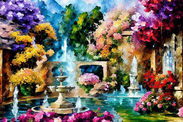 Image similar to flowers and fountains in valley village by arthur adams, charlie bowater, leonid afremov, chiho ashima, karol bak, david bates, tom chambers