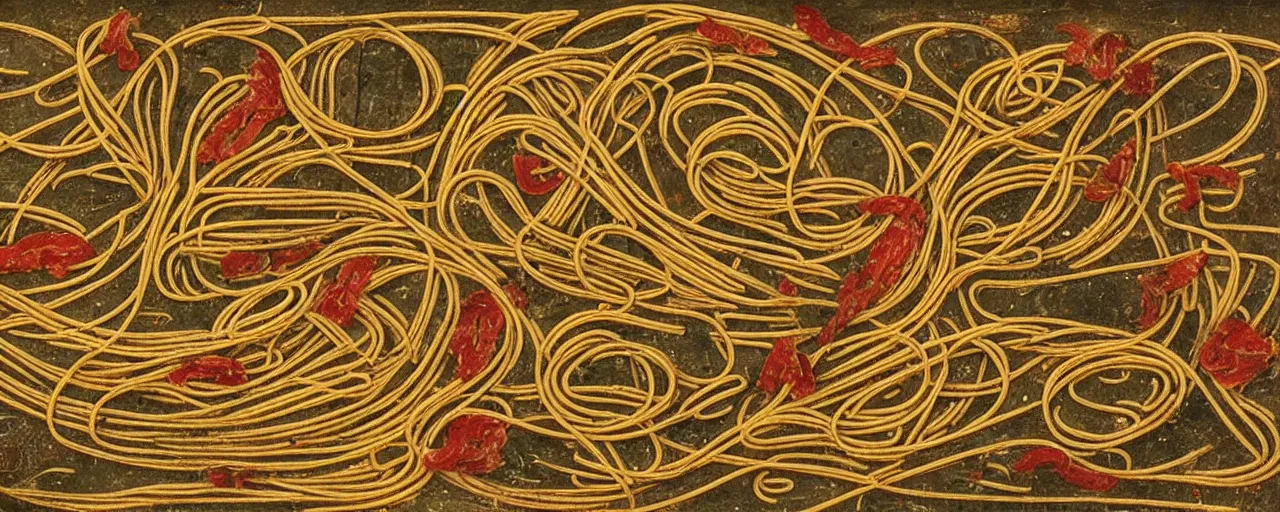 Image similar to ancient manuscripts detailing spaghetti, fine detail