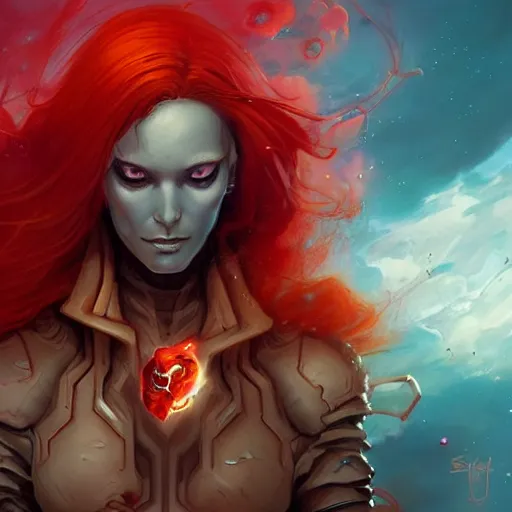 Image similar to portrait x-men Jean Grey as a cyborg with flowing beautiful red hair, art by pete mohrbacher and seb mckinnon and beksinski and josan gonzales, digital art, highly detailed, intricate, sci-fi, sharp focus, Trending on Artstation HQ, deviantart, unreal engine 5, 4K UHD image