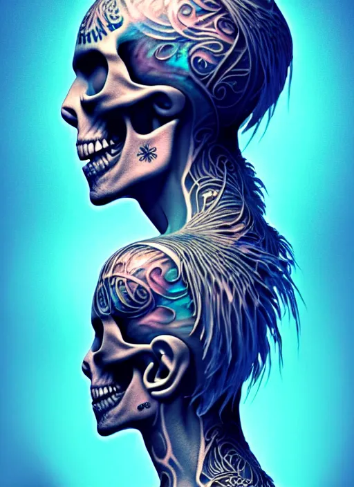 Image similar to 3 d shaman with tattoos profile portrait, sigma 5 0 0 mm f / 5. beautiful intricate highly detailed skull and feathers and hairs and tattoos. bioluminescent, plasma, frost, water, wind, creature, gradient background, thunderstorm! artwork by tooth wu and wlop and beeple and greg rutkowski, 8 k trending on artstation,