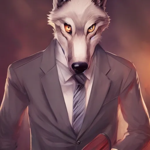 Image similar to wolf in suit, holding brush, anime, artgerm, wlop, artstation, detalied, high quality,