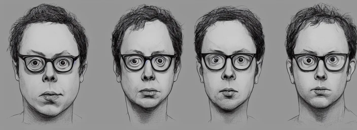 Image similar to character study of todd solondz, clear faces, screenwriter, introvert, outsider, emotional, character sheet, fine details, concept design, contrast, by gabriel hardman, joe alves, j. todd anderson, chris bonura, trending on artstation, 8 k, full body and head, turnaround, front view, back view, ultra wide angle