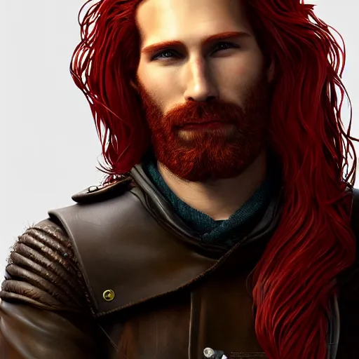 Image similar to portrait of a ruggedly handsome!!!!! male ship captain with long red hair!!!!!!, 30 years old, upper body, wavey hair, leather coat, friendly, playful, D&D, hairworks, Unreal 4, fantasy, elegant, highly detailed, digital painting, hairworks, deviantart, artstation, concept art, sharp focus, dramatic lighting, illustration, art by Artgerm and Greg Rutkowski and Alphonse Mucha