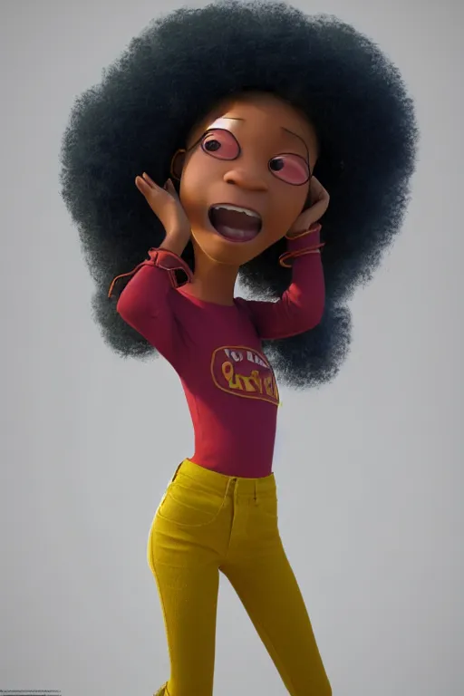 Image similar to a centered render of a super cool afro girl from the seventies wearing flares, by dreamworks, by pixar, by viktoria gavrilenko, by leticia gillett, octane render, perfect face, 3 d, 8 k