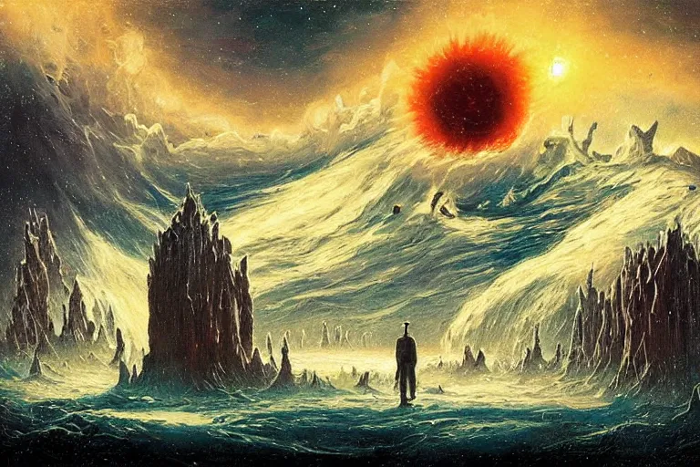 Image similar to miskatonic university big bang inscape in the style of dr. seuss,'interstellar directed by christopher nolan ', painting by albert bierstadt