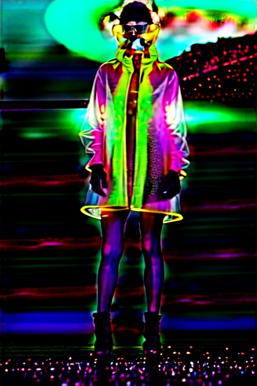 Image similar to an ultra high definition professional high fashion portrait studio full length photograph of a model wearing a transparent pearlescent raincoat and neon visor in an icelandic black rock environment at dawn. no artefacts. extremely detailed. stark. refraction. shallow depth of field. volumetric light and shadow. ray tracing. light rays.