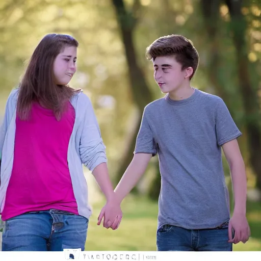 Image similar to Photograph of two teenagers in love, holding hand, sigma 85mm