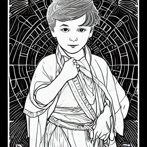 Image similar to clean simple line art of a little boy with short hair. no background. well composed, clean coloring book page, beautiful detailed face. coloring book line art by greg rutkowski and johanna basford and alphonse mucha