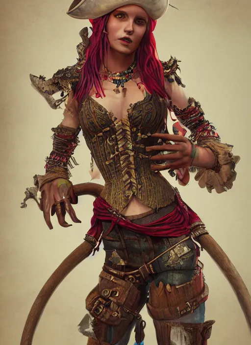 Prompt: realistic full body concept art illustration oil painting of a beautiful woman pirate in insanely detailed and intricately colored clothing, octane render, sss, postprocessing, 4k, cinematic lighting