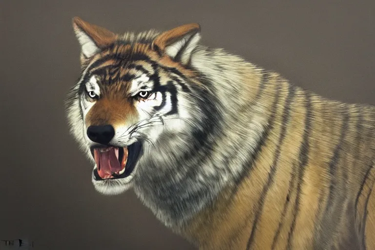 Prompt: wolf tiger hybrid animal, growling, fangs, portrait by tim eitel