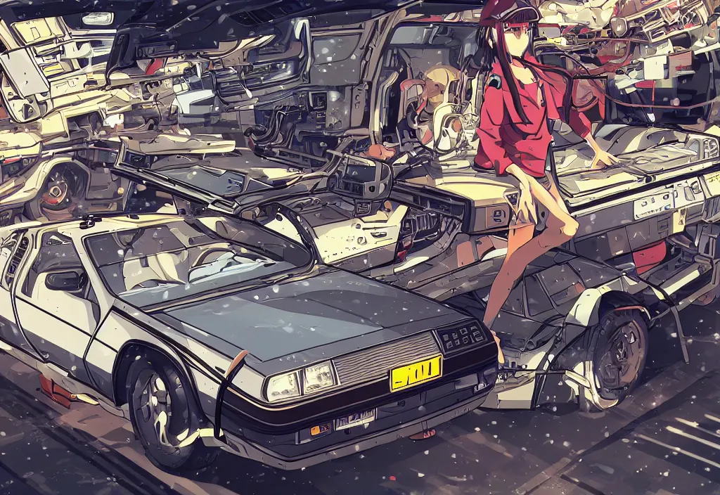 Image similar to An anime art of delorean, digital art, 8k resolution, anime style, lowrider style, wide angle