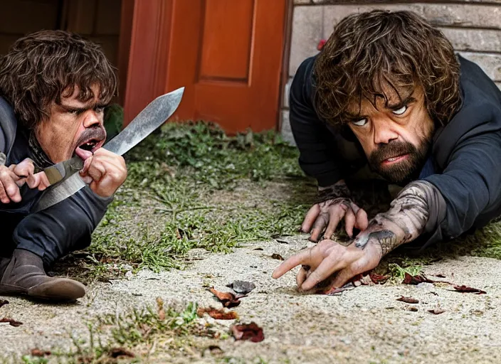 Image similar to peter dinklage crawling from under a porch with a knife in his mouth at night, movie still, from the new sweet home alabama movie, 8 k, realistic