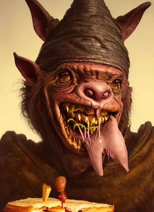 Image similar to highly detailed closeup portrait of a medieval goblin eating cakes, stephen bliss, unreal engine, greg rutkowski, ilya kuvshinov, ross draws, hyung tae and frank frazetta, tom bagshaw, tom whalen, nicoletta ceccoli, mark ryden, earl norem, global illumination, god rays, detailed and intricate environment