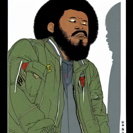 Image similar to illustration by katsuhiro otomo, black man with afro hair, raspy beard stubble, wearing an adidas army green jacket, in the streets of tokyo, akira style, by katsuhiro otomo