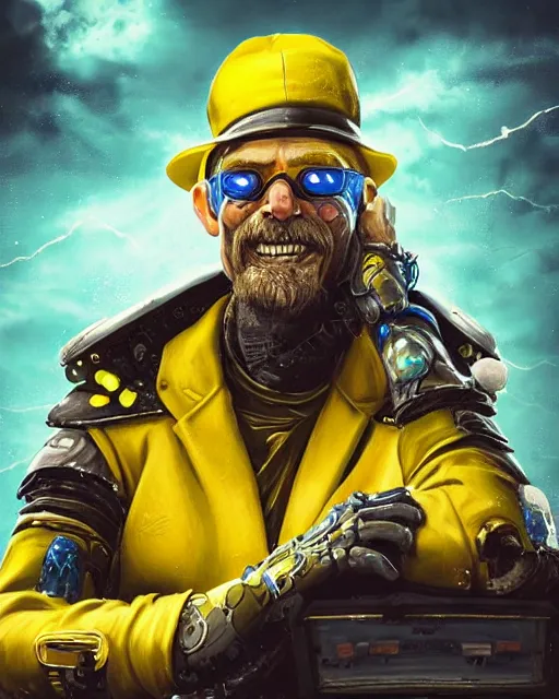 Prompt: an intimate portrait of a gnarly human cyberpunk captain, old skin, faded hat, robot hands, charming, strong leader, green eyes, a look of cunning, big smile, detailed matte fantasy painting, the planets and storms behind him, yellow and blue and cyan